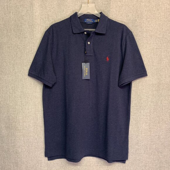 POLO RALPH LAUREN Cotton Mesh Classic Fit Polo Shirt LARGE Heather Navy Blue NWT - Picture 1 of 6
